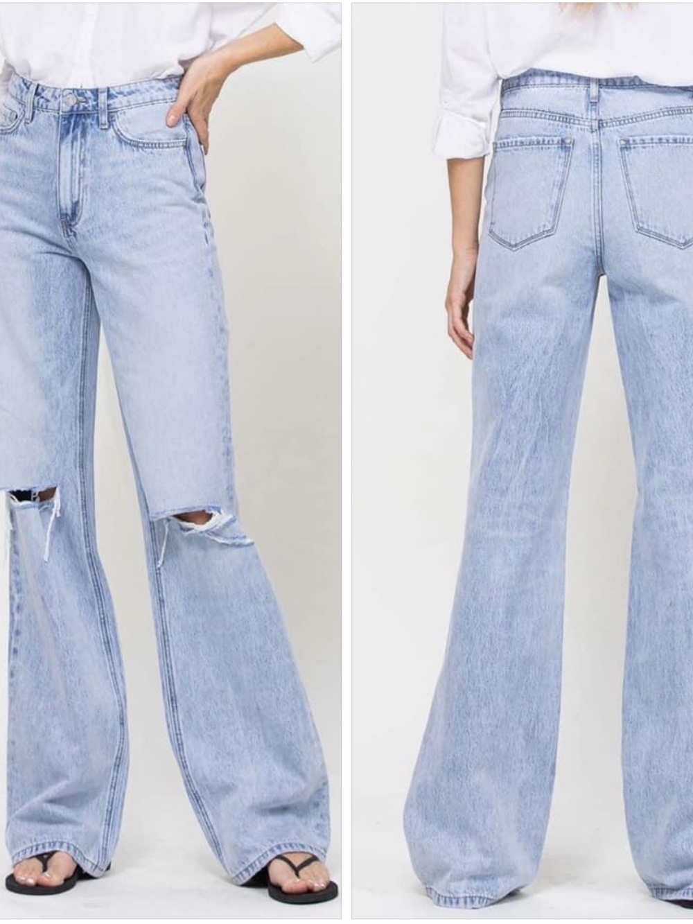 VERVET BY FLYING MONKEY Light Blue High-Rise Wide Leg Jeans with Knee Distress